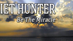 A picture of the sun setting over water with text that reads " hunter be the miracle ".